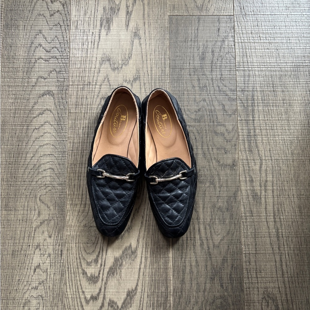 Black Quilted Loafers with Gold Buckle